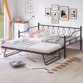 Full Size Metal Daybed with Twin Size Adjustable Trundle; Portable Folding Trundle; Black(OLD SKU:MF293730AAB)