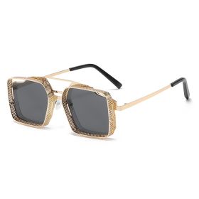 Women Sunglasses Fashion Square Sunglass Steam Punk Metal Sun Glasses Retro Men UV400 Black Brown Shades Double Bridge Eyewear (Lens Color: gold black)