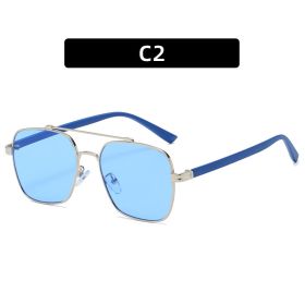 Fashion Square Sunglasses Women Double Bridge Glasses Retro Sunglass Men Mental Ocean Lens Eyewear UV400 Sun Glass Brown Shades (Lens Color: silver blue)