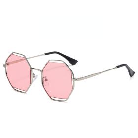 Fashion Polygonal Sunglasses Women Mental Sunglass Vintage Sun Glass Men Hollow Out Luxury Design Eyewear UV400 Gradient Shades (Lens Color: silver pink)