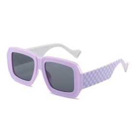 Retro Polygon Square Women Sunglasses Fashion Wide Legs Plaid Decoration Blue Pink Men Punk Sun Glasses Brown Shades UV400 (Lens Color: Purple gray)