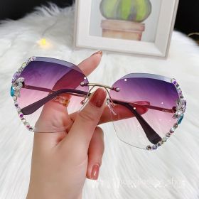 Fashion Diamond rimless Trimmed Sunglasses Women's Fashion Anti UV Slimming Sunglasses (Color: Gradual Purple)