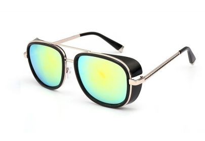 Iron Fashion Man 3 IRON TONY Windscreen Sunglasses for Men and Women Double beam Sunglasses Retro Personality Glasses (Color: Black & Gold)