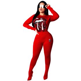 Autumn Winter 2 Piece Outfits For Women Sequins Tongue Long Sleeve Hoodie And Pocket Fitness Pant Streetwear Two Piece Tracksuit (Color: Red)